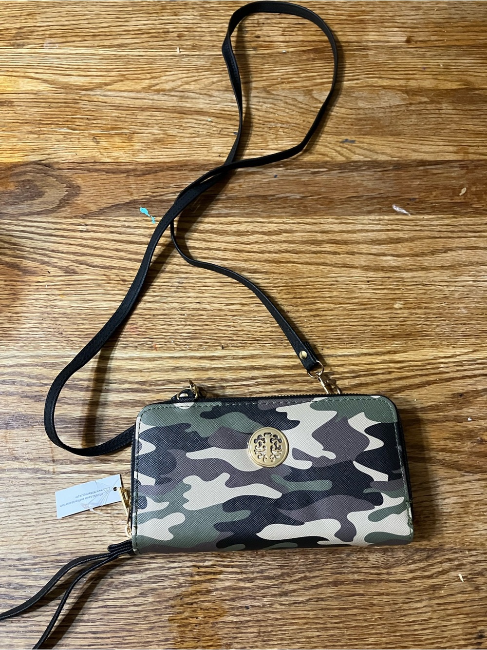 Camouflage Crossbody Wallet with Gold Logo Accent